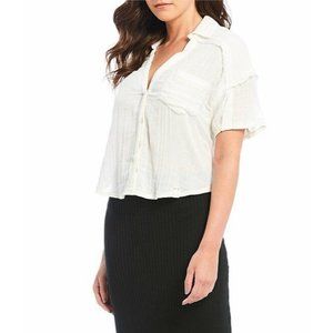 Free People Shirt XS Full of Light White Short Sleeve Crop Top Collared Sheer